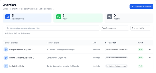 Liste des chantiers dans PaieFacile avec le client, la ville et le secteur CCQ de chacun