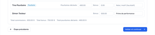 Étape du wizard de paie où se saisissent les commissions, les bonus et les pourboires déclarés de chaque employé