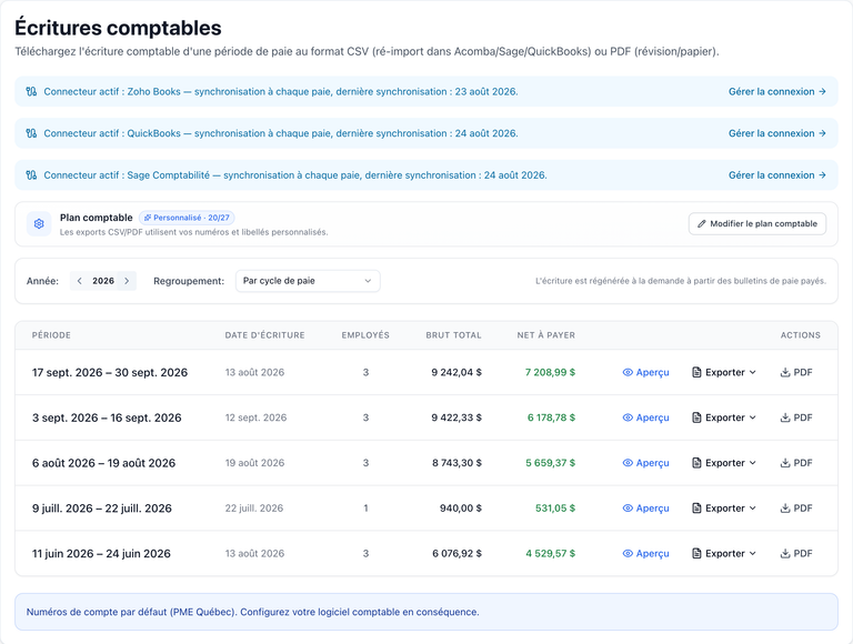 Section Écritures comptables de PaieFacile : connecteurs actifs, plan comptable personnalisé et exports CSV ou PDF par période de paie